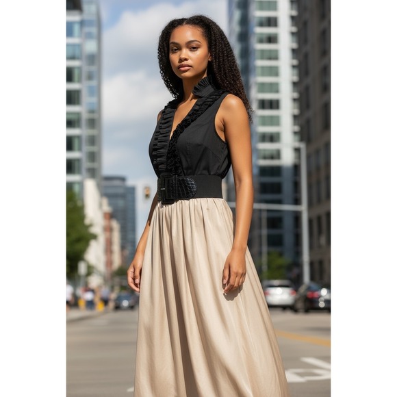 Eliza J Black Ruffled Collar Sleeveless Beige Maxi Dress Belted Size 6 - Picture 5 of 5